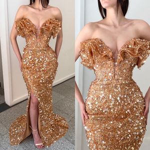 Moda oro paillettes abiti da ballo volant abiti da sera innamorato spacco sul davanti formale tappeto rosso lungo abito da festa per occasioni speciali