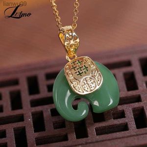 2021 Vintage White Hetian Jade Elephant Pendant 18K Gold Plated Chain Necklace Stainless Steel Sapphire Choker Jewelry For Women L230704