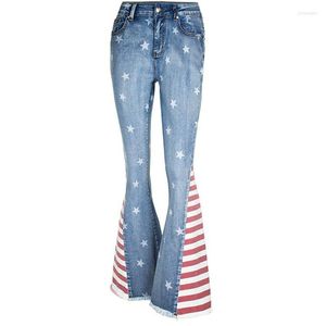 Jeans da donna svasati a righe Pantaloni da donna in denim Stitch Color Block Star Print Pantaloni larghi Boot Cut Streetwear American Bell Bottom 4XL