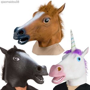 Máscaras de Halloween Látex Cabeça de Cavalo Cosplay Conjunto de Traje de Animal Brincadeira de Teatro Acessórios de Festa Louco Conjunto de Cabeça Máscara de Cavalo Cão Máscaras de Cavalo L230704