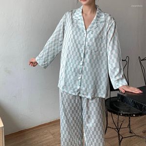 Pigiama da notte da donna Set da notte Camicia da notte Pantalone stampato Plaid Risvolto Tuta da notte 2 pezzi Abbigliamento da casa Pigiama da casa in seta casual