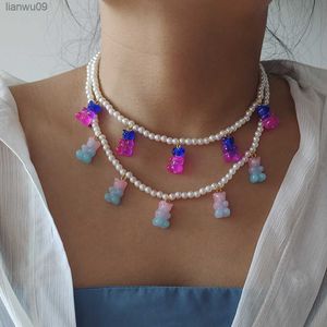 ZX Cute Gummy Bear Pendant Necklace Women Vintage Handmade Simulated Pearl Beaded Chokers Short Necklace Wholesale Dropshipping L230704