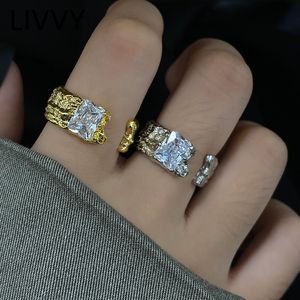 LIVVY Silver Color Simple Irregular Crystal Zircon Open Adjustable Ring For Woman Korean Fashion Jewelry New Accessories