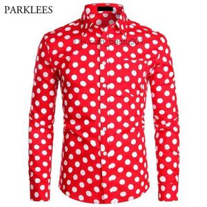 Men's Casual Shirts Red Mens Polka Dot Shirt Casual Button Up Dress Shirts Men Chemise Homme Party Club Male Garden Point Camisas Masculina 230706