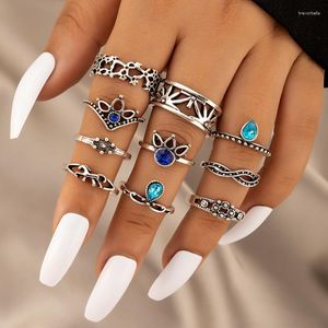 Cluster Rings Trendy Water Drop Crystal Inlaid Joint Ring Set Retro Hollow Lotus Horse Silver Color Knuckle Finger For Women Jewelry