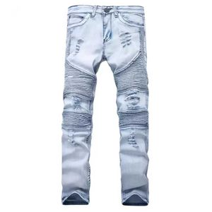 Kleidung Jeans Blau/Schwarz Zerstört Herren Slim Denim Straight Biker Skinny Jean Männer Zerrissene Jeans Hosen Jvh0