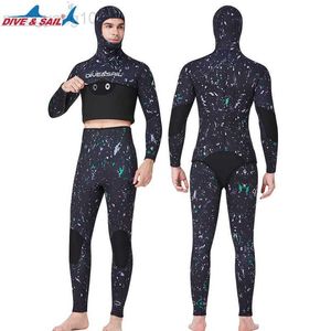 Wetsuits Drysuits 3mm Two Pieces Hooded Super Stretch CR Diving Suit Mens Womens Neoprene Spearfishing Wetsuit HKD230704