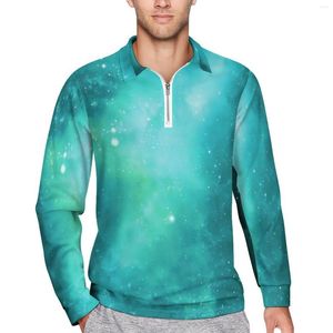 Erkek Polos Mavi Yeşil Galaxy Polo Gömlekler Günlük Yıldızlar Yazdır Fermuar Gömlek Uzun Kollu Yaka Moda Grafik Büyük Boy Tişörtleri