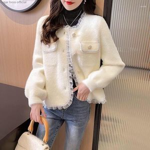 Women's Knits Lace White Beige Girl's Coat Luxury Sweater Women 2023 Autumn And Winter Ear Edge Fashion Knitting Cardigan Sweet Girl