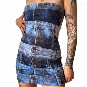 Casual Dresses Echoine 3D Denim Print Patchwork Trägerloses Minikleid Skinny Bodycon Party Streetwear Fashion Nacht Abend Clubwear