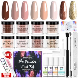 Pó Acrílico Líquido Limegirl 10g 23Pcs Conjunto de Pó para Unhas de Imersão Sem Necessidade de Cura de Lâmpada Natural Seco de Longa Duração Kits de Verniz Líquido Glitter Francês 230704