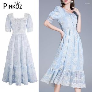 Party Dresses Pinkoz Victorian Square Collar Puff Sleeve Light Blue Midi Dress High Quality Summer Bright Silk Buttons Vestidos