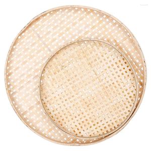 Conjuntos de louça 2 peças de secagem peneira de bambu redonda cesta artesanal recipiente suporte tecelagem bandeja simples
