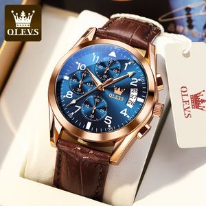 Wristwatches OLEVS Watch for Men Top Brand Luxury Men Quartz Wristwatches Pilot Leather Strap Multi-Function Chronograph Waterproof Men Watch 230704