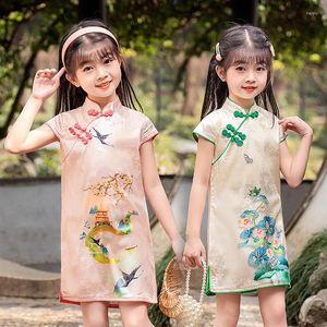 エスニック服女の子の夏半袖袍スカートファッショナブルな妖精ベビーインクシルク子供ドレス薄手のスタイルの印刷ミッドレングスバーシ