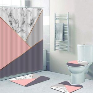 Dikiş Gül Altın Pembe ve Gri Mermer Duş Perdesi Banyo Perdeleri İçin Set Geometrik Altı Banyo Paspasları Halılar Tuvalet Cortina De Ducha