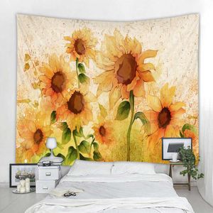 Tapestries Oil Painting Yellow Sunflower Tapestry Retro Art Flowers Tapestry Hippie Floral Living Room Bedroom Decoration Blanket