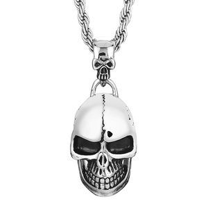 Pingente de esqueleto elegante masculino crânio colar de aço inoxidável corrente de corda para homens joias góticas 4 mm 22 polegadas prata