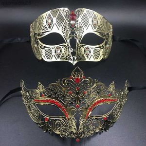 Пара мужчин Женская металлическая филигранная маскарадная маска венецианская костюм вечеринка бал Ball Gold Red Hutpones Mask L230704