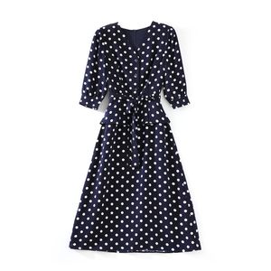 2023 Summer Dark Blue Polka Dot Waist Belted Dress Short Sleeve V-Neck Buttons Midi Casual Dresses W3L043902