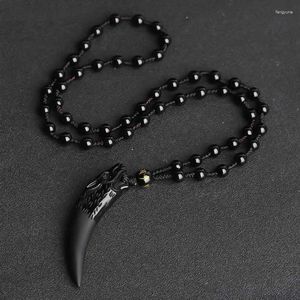 Anhänger Halsketten Natur Obsidian Wolf Zahn Glück Perlen Seil Paar Schwarz und Amulette Schmuck
