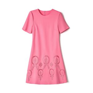 2023 Summer Pink Solid Color EmbroideryDress Short Sleeve Round Neck Knee-Length Casual Dresses W3L044107