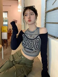 Damska koszulka Deeptown Y2k Streetwear Vintage koreański krótki top kobiety seksowna amerykańska Retro nadrukowane litery t-shirty Off Shoulder estetyczne ubrania 230703