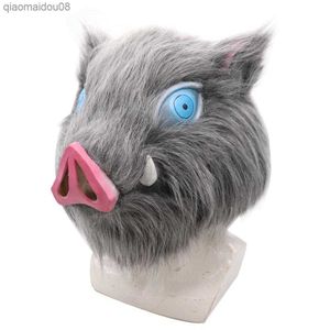 Inosuke Hashibira Mask Hjälm Demon Slayer Kimetsu No Yaiba Cosplay Huva Hår Gris Mask Huvudbonader Halloween Carnival Kostym Prop L230704