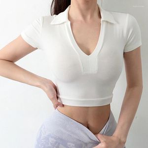 Aktive Shirts Nahtlose Elastische Fitness Frauen Schlank Sport Plunge Neck Kurzarm Gestrickte T-Shirt Crop Top Sexy Tiefem V-ausschnitt