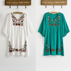 Casual Dresses Vintage 70s Ethnic Floral EMBROIDERED Hippie BOHO Mexican Puff Slv Loose DRESS One Size XS S M L Elegant