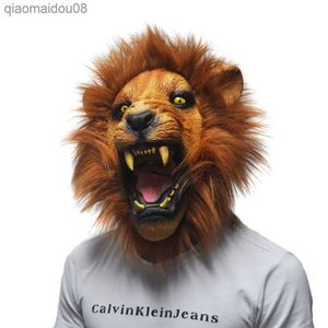 Cadılar Bayramı Props Yetişkin Angry Lion Head Maskeleri Hayvan Tam Lateks Masquerade Doğum Günü Partisi Yüz Maske Süslü Elbise L230704