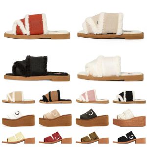 Med Box Wholesale Top Fashion Designer Slides Shoes Women Slippers Black White Mules Canvas Fur Plush Straw Gummi Flat Sliders P HB 6534