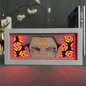 Luci notturne Anime Light Box Jujutsu Kaisen Sukuna Yuji Itadori Eye Face per Room Decor Lightbox Manga 3d Papercut fai da te Lampada da tavolo in legno HKD230704