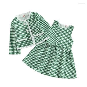Vestidos de menina adoráveis 2 peças roupa de outono para meninas e bebês com manga comprida casaco xadrez xadrez e xadrez sem mangas para o dia a dia
