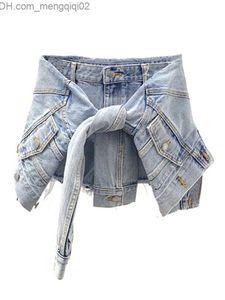 Shorts femininos DEAT Mulheres Moda Slim Azul Patchwork Feito Velho Lavado Falso Duas Peças Denim Cintura Alta Verão e Outono 7E7052 230301 Z230704