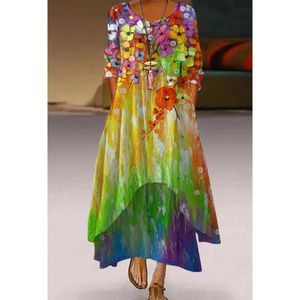 Klänningar mode bohemisk strandklänning 3d tryckt blommor mönster långärmad fest klänningar avslappnad vneck till knä kvinnliga kläder