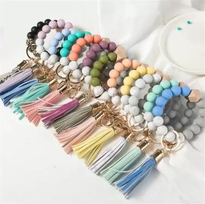 14 Colors Beaded Bracelets Jewelry Wooden Tassel Bead String Bracelet Key chain Food Grade Silicone Beads Women Girl Key Ring Wrist