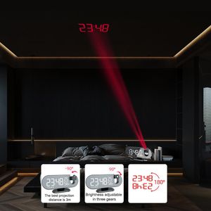 Radio LED Digital Projection Alarm Clock Electronic Alarm Clock med 180 ° Projektionstid Projektor FM Radio Bedroom Bedside Mute Clock Clock