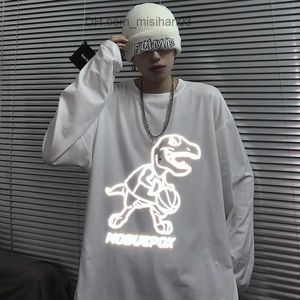 Camisetas Masculinas Dinosaur Reflective Tshirt Streetwear Masculino Hip Hop Oversize Sweatshirt Japão Harajuku Tops Algodão Branco Autumn Rock T Shirt Masculino Z230706