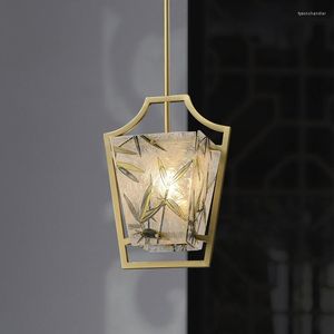 Pendant Lamps Art Fan Chinese Style All Copper Glass Ceiling Lamp Tea Room Dining Bed Night Stand Hallway Light