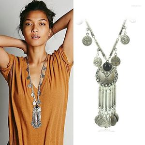 Hänghalsband trendiga bohemiska långt halsband för kvinnor vintage etnisk zigenare boho strand antik silverfärg mynt tofs kalkon smycken