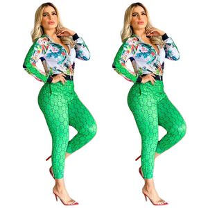 New Zipper Two-Piece Trousers Activewear Women Fashion Printed Zipper Jacket and Casual Track Pants Set Free Ship