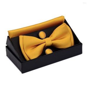 Bow Ties Classic Solid Silk Two Layer Pre-tied Bowtie Set Tie&Pocket Square&Cufflink Man Party Business Office Wedding With Gift Box