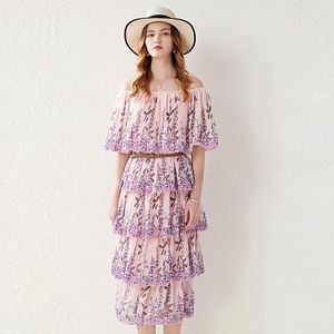 Festklänningar Menahem Sommar Bohemisk Semester Blommig Klänning Dam Off Shoulder Blommatryck Lager Cascading Volanger Bälte Lös Maxi