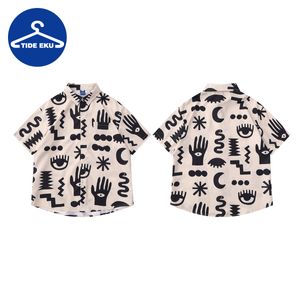 Camisa vintage masculina de manga curta com lapela estampada e casual de verão em chiffon