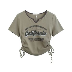 Damen-T-Shirt mit Kordelzug, Y2k-T-Shirt, Damen-Brief-Crop-Top, amerikanisches Retro-Kurzarm-T-Shirt, koreanische Grafik, schlanke Sommer-T-Shirts, 2000er-Jahre-Kleidung, 230703