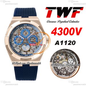 TWF Overseas Perpetual Calendar Moonphase 4300V A1120 Automatisk Herrklocka Rose Gold Skeleton Dial Blue Rubber Super Version Reloj Hombre Edition Puretime B01