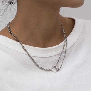 Lacteo Simple Minimalist Stainless Steel Double layer Chain Choker Necklace Fashion Circle Buckle Jewelry for Men and Women Gift L230704