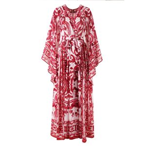 Dress Women's Spring and Autumn 2023 New Chiffon Silk Print Large Swing V-neck Flying Sleeve Red Flower Porcelain Dress Bat Sleeve Flower Print Long Dress Two colors