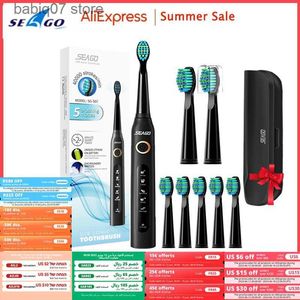 Toothbrush Seago Sonic Electric Toothbrush SG-507 for Adult Timer Brush 5 Modes Micro USB Rechargeable Tooth Brush Replacement Heads Set T230704